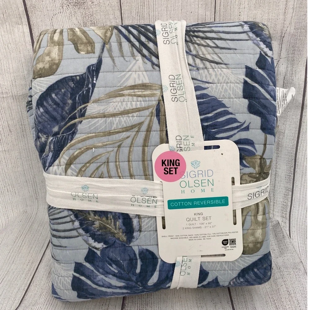 Sigrid Olsen Home Quilt Set King Blue Tropical Leaf Reversible Cotton Botanical - Picture 2 of 11